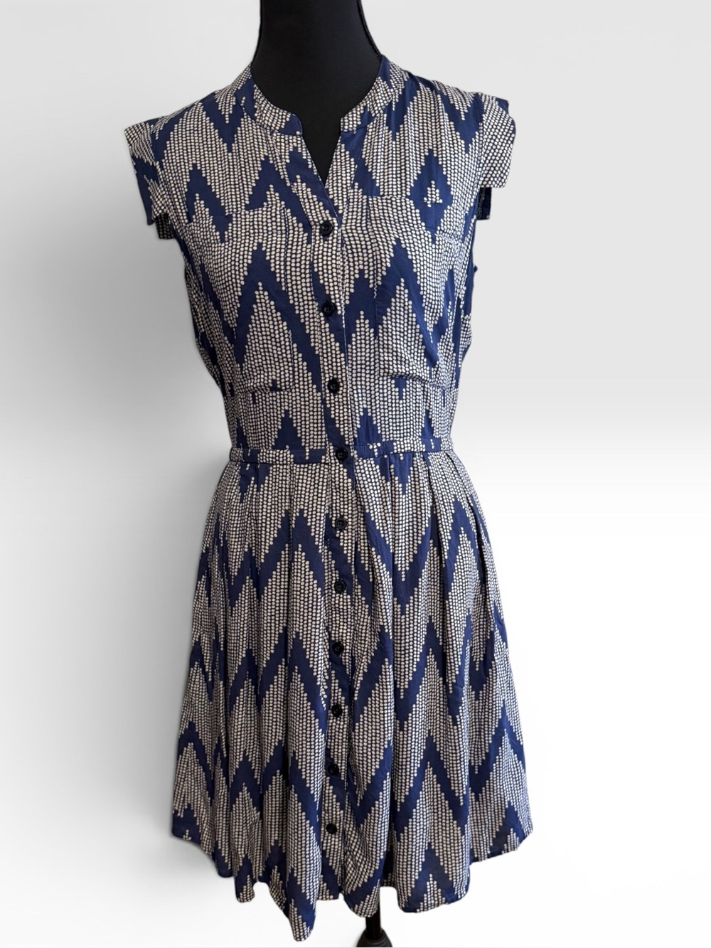 Anthropologie 11.1 TYLHO Blue Ivory Geometric Button Front Dress Small